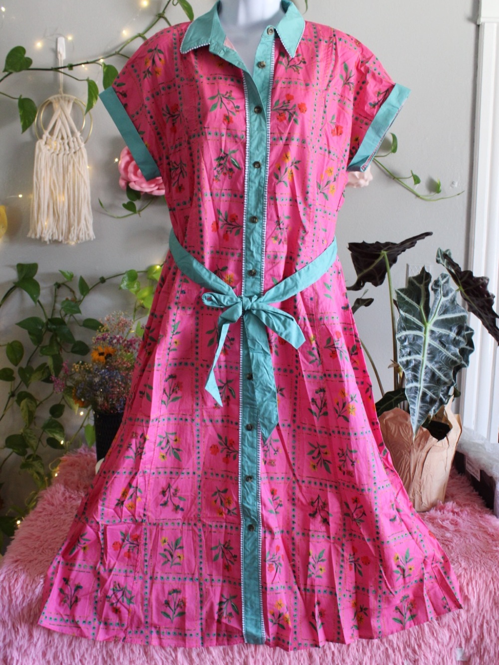 Umgee Pink Floral Button Front Midi Dress Size M NWT Belted Cottagecore